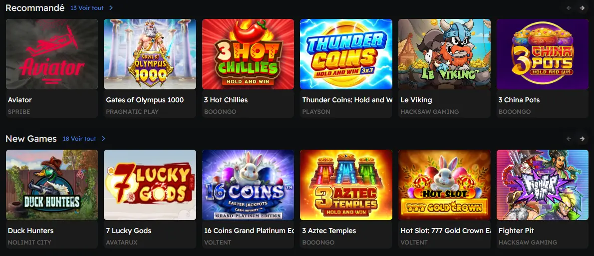 Sélection de jeux de casino sur Betzino