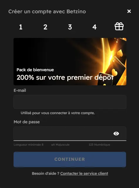 Étapes d'inscription au casino en ligne Betzino