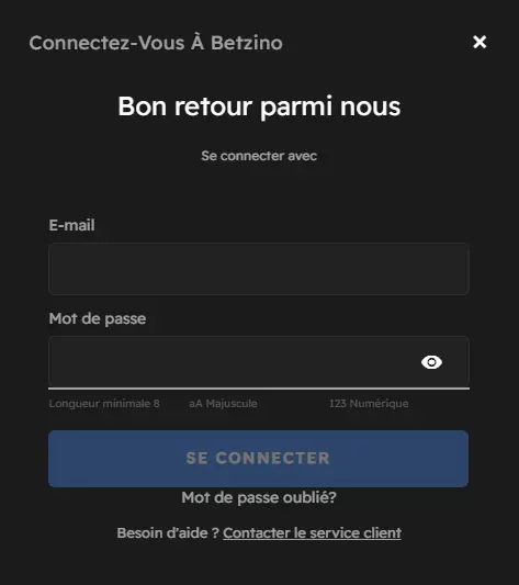 Espace membre du casino Betzino